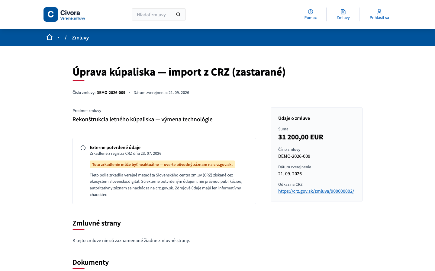 Detail zmluvy s odkazom na pôvodný záznam v CRZ (ukážkové dáta)